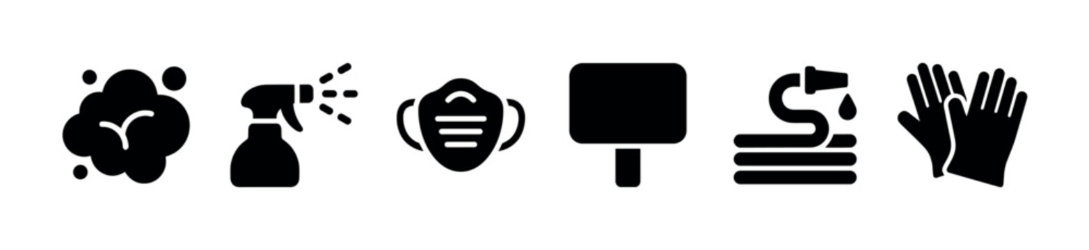 A set of six black icons on a white background depicts cleaning and hygiene items including soap bubbles, a spray bottle, a mask, a sign, a hose with water, and gloves.