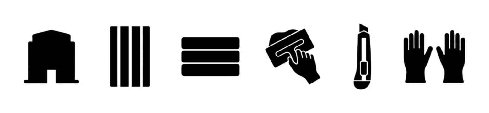A set of black silhouette icons representing construction tools and materials, including a building, planks, bricks, a trowel, a utility knife, and gloves, isolated on a white background.