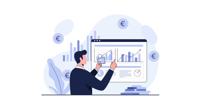 Man analyzing financial charts and euro coins for business growth