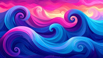 Obraz premium Colorful abstract waves with swirling spiral patterns at sunset