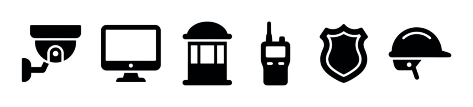 A set of black silhouette icons representing security elements, including a camera, monitor, guard booth, radio, badge, and helmet, on a white background.
