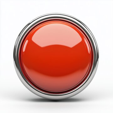 A large red button with a shiny metallic border on a white background, symbolizing emergency stop or action