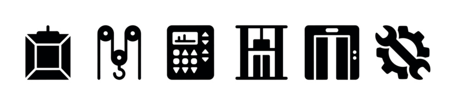 A collection of black and white icons representing different aspects of elevators, including a winch, pulleys, control panel, elevator shaft, elevator car, and tools.