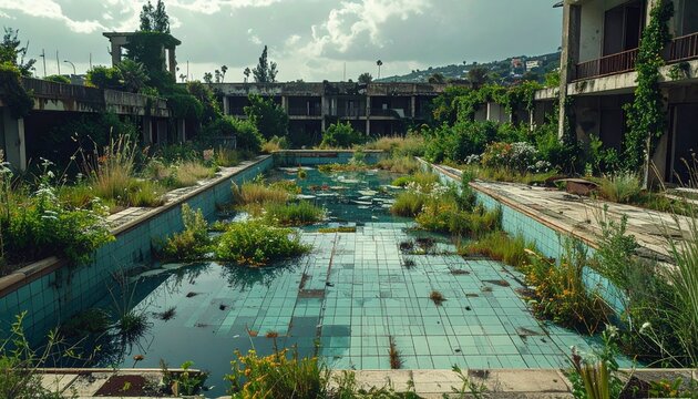 Abandoned outdoor swimming pool overgrown with vegetation and decaying tiles