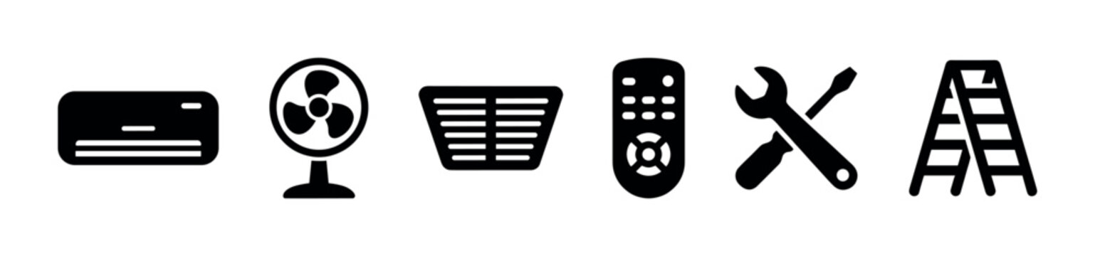 A set of black icons representing household appliances and tools, including an air conditioner, fan, remote control, wrench, screwdriver, and ladder, on a white background.