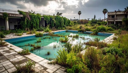 Fototapeta premium Abandoned outdoor swimming pool with overgrown vegetation and cracked tiles in resort setting