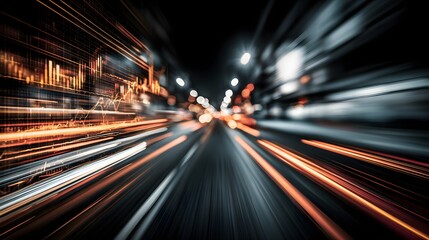 Fototapeta premium motion blur city lights with data charts and graphs overlay, dynamic concept, copy space