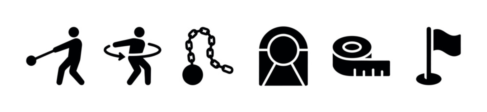 A collection of black silhouette icons representing sports activities including discus throw, chain, arch, measuring tape, and golf flag on a white background.