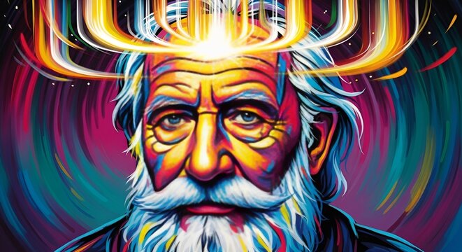 Old man with glowing menorah crown, abstract colorful background, wisdom, spirituality