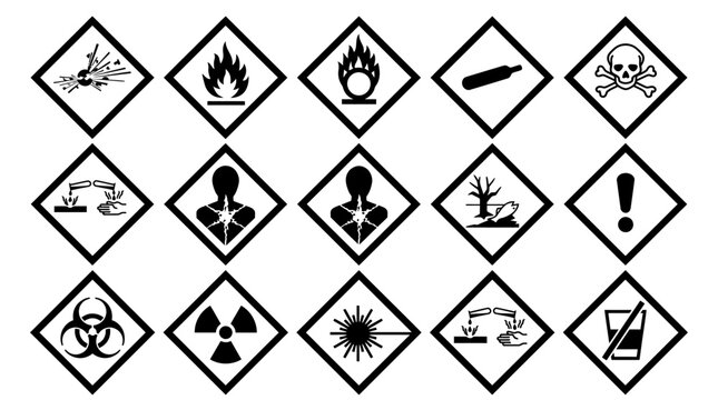 Hazardous Material Warning Signs Set &ndash; 15 GHS Chemical Hazard Symbols, Toxic, Flammable, Industrial Safety Icons, Black and White Vector