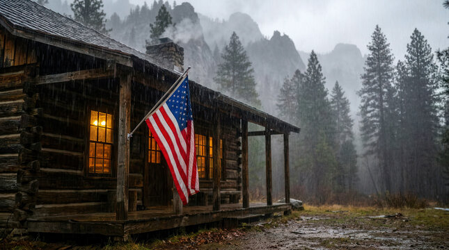 Rustic log cabin with an American flag on the porch, windows glowing warmly as heavy rain falls. Misty mountains and dense pine forests loom in the atmospheric background.