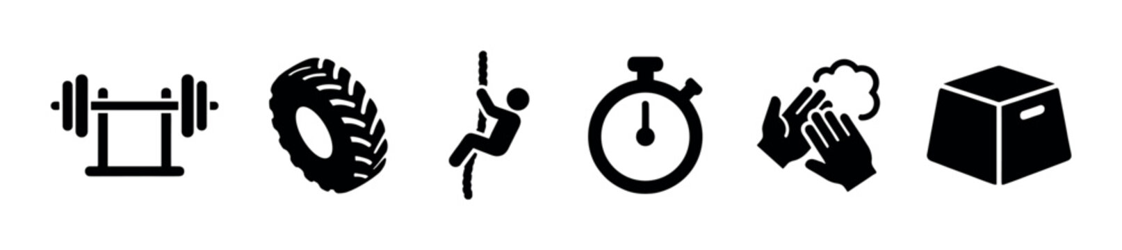 A collection of six black vector icons on a white background representing fitness and activity concepts like weightlifting, tire flipping, rope climbing, timing, and training.
