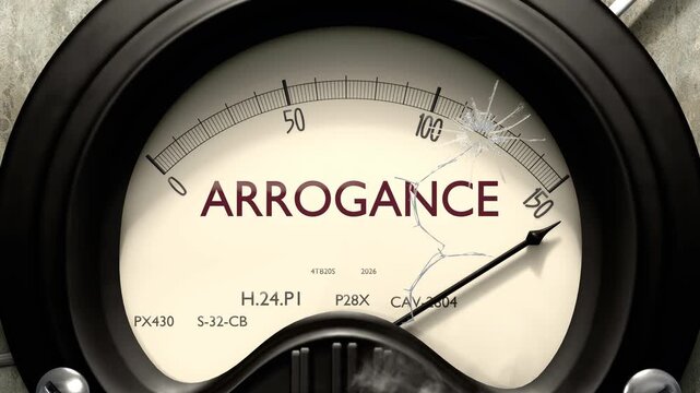 Arrogance meter showing big levels of arrogance. Dangerously increasing high values of arrogance, critical overload. Too much, off the charts. Max arrogance