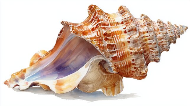 Detailed Watercolor Painting of Pastel Conch Seashell Isolated on White Background