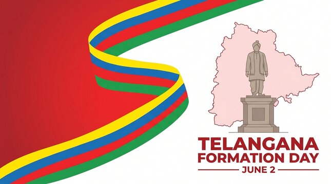 Telangana Formation Day Vector Illustration with State Map, Telangana Thalli Statue, and Artistic Ribbon Design for June 2nd Celebration