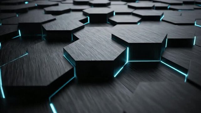 Glowing blue lines connect black hexagonal panels in a futuristic grid pattern on the floor