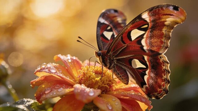 Atlas Moth on a flower taking nectar golden light blur background