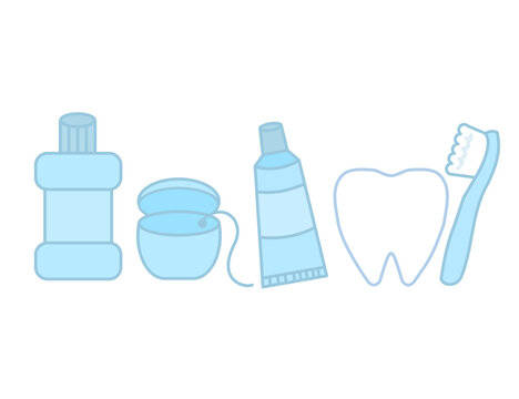 Oral hygiene tools.Dental, oral hygiene and teeth care.Tooth, toothbrush, toothpaste, mouthwash and dental floss.Children dentistry.Sign, symbol, icon or logo isolated.Cartoon vector illustration.