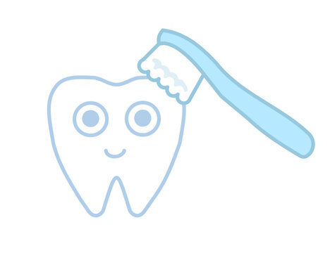 Smiling tooth cartoon character with toothbrush vector illustration isolated on white background. Cute dental mascot for oral hygiene, healthy teeth, dentist clinic, dental care and brushing concept.