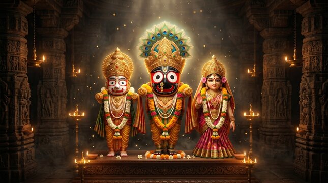 Jagannath Balabhadra Subhadra divine idols inside sacred temple with glowing lamps spiritual worship and cultural devotion