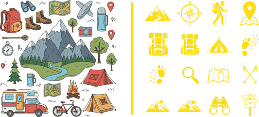 Camping and hiking adventure vector illustration set with hand-drawn doodles and flat icons. Ideal for outdoor travel planning and nature exploration themes © Muhammad