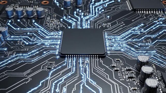 Microchip embedded in a complex circuitry board with glowing blue lines and various electronic components