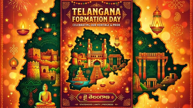 Telangana Formation Day Festive Vector Poster with Charminar, Kakatiya Kala Thoranam, and Cultural Symbols of Telangana India