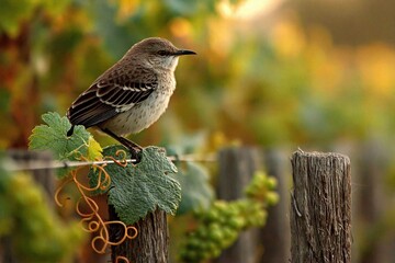 Obraz premium Bird Perched on Vineyard Fence in Sunset