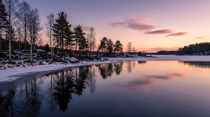 Obraz premium Winter landscape at sunset with frozen lake and red wooden cabin.