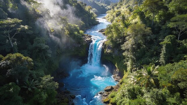 drone view of rio celeste blue river waterfall nature landscape