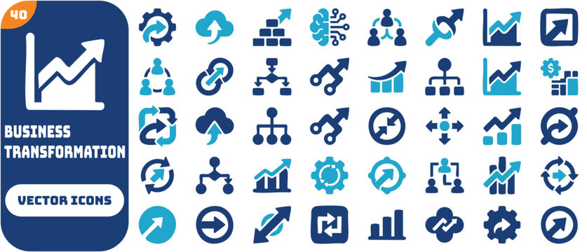 Collection of business transformation vector icons with upward growth charts