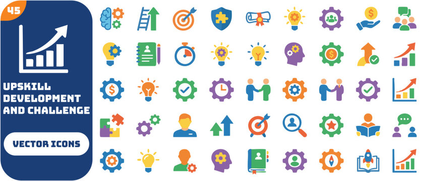 Colorful vector icons set for upskill development and challenge themes