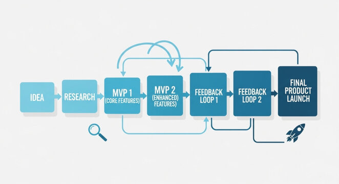Product Launch Process Flowchart with Feedback Loops and Rocket Icon.