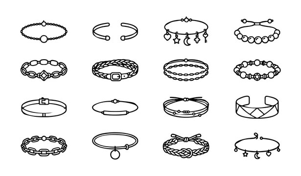Elegant Jewelry and Bracelet Icon Collection: Minimalist Vector Illustrations of Fashion Accessories, Luxury Bangles, Wristbands, and Decorative Ornament Symbols