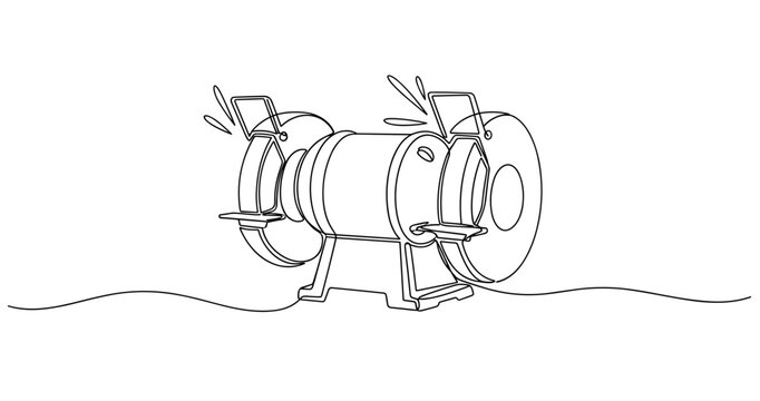 Line art of bench grinder with dual stone wheels and spark guards. Non editable stroke