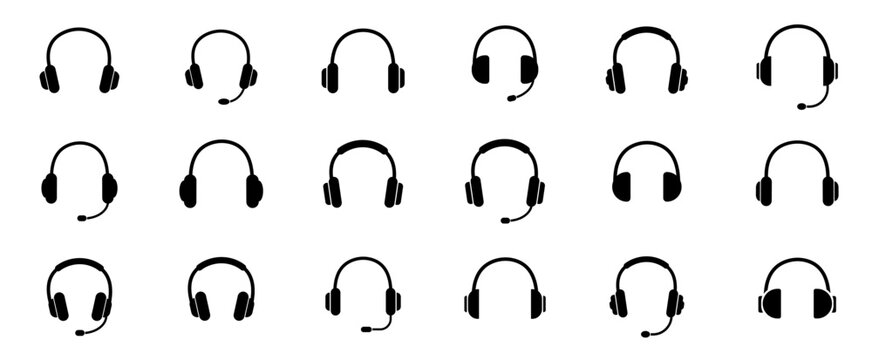 Headphones icon. Black headphones icon collection. Set of music headphones icons. headphone with microphone.  Vector headphone icons