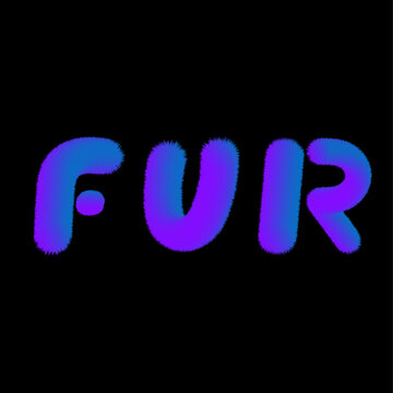 Word FUR made of furry texture letters 3d font imitation blue neon color on black background