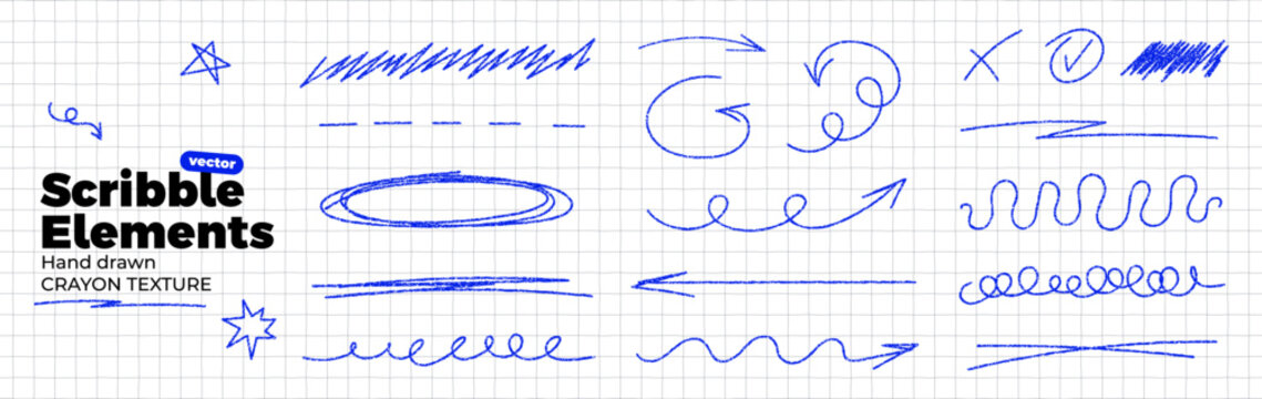 Scribble doodle set on notebook paper. Hand drawn blue pen texture. Curved, twisted and rounded lines and arrows. Chalk pencil, crayon or ink brush. Vector illustration