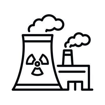 Nuclear power plant icon featuring cooling tower radiation symbol and industrial factory building radiation industrial