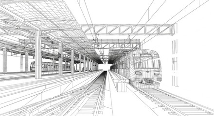 Fototapeta premium Wireframe train and station perspective view futuristic transportation concept
