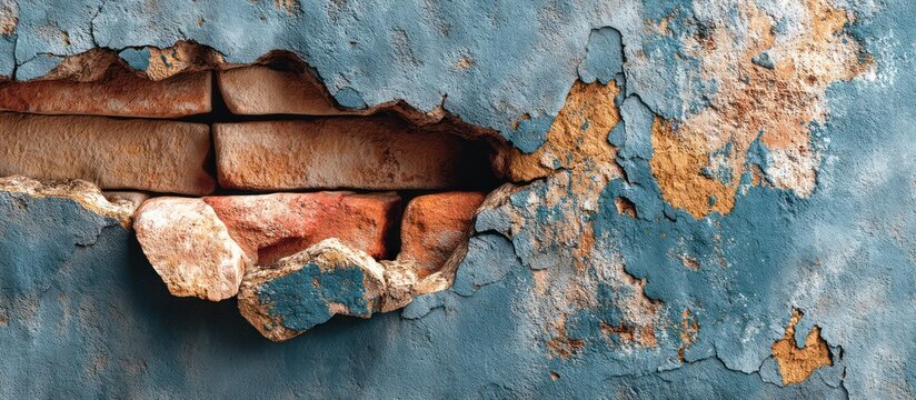 Close-up of aged wall revealing brickwork. Blue paint peeling, showing textures and colors of decay