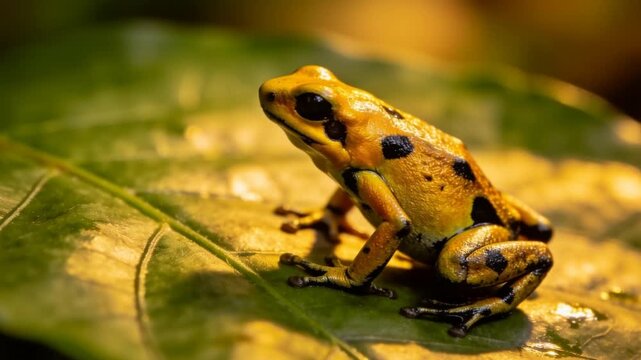 golden poison frog on leaf at golden hour in costa rica forest