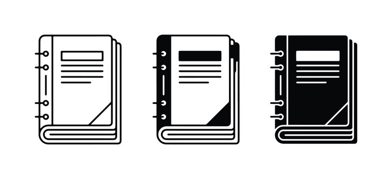 Notebook Icons, Journal Set, Binder Graphics. Simple Line Art and Solid Fill Vector Illustrations.