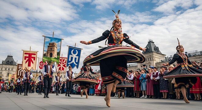 Russian Folk Dancers in Traditional Costumes at Festival