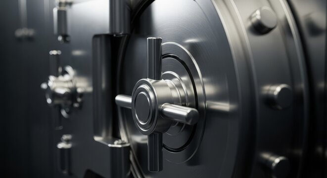 Close-up of a heavy metallic vault door with a prominent locking mechanism, representing security and wealth.