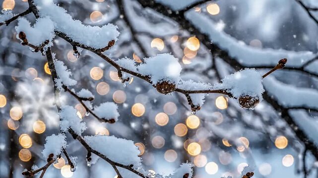 Snowy tree branches with pinecones under festive lights at night in winter