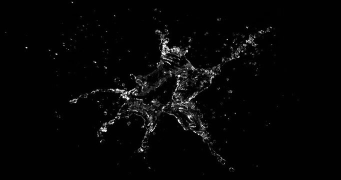 Ultra slow motion water splash isolated on black background. Realistic liquid droplets ideal for VFX compositing, overlays, cinematic effects and motion graphics.