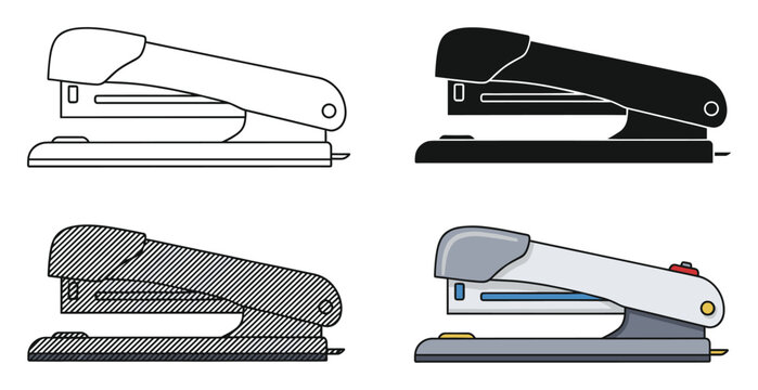 Stapler depictions in assorted graphic styles ideal for office supply content and school projects