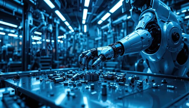Robotic arm precisely manipulates small mechanical components on an industrial assembly line.