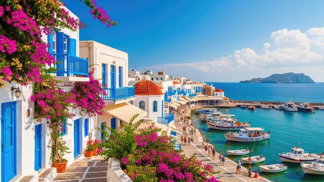 Colorful waterfront houses with flowers lining a seaside village in Greece